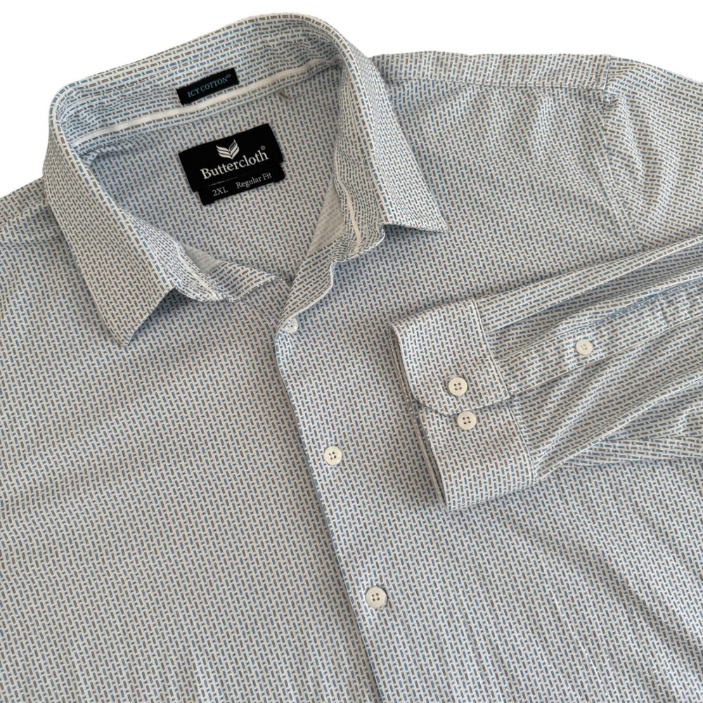 Buttercloth Icy Cotton 2XL White Blue Regular Fit Button Up Men's‎ Shirt